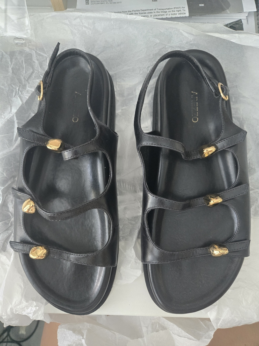 Arezzo Black Leather Triple-Strap Sandals with Gold Accents